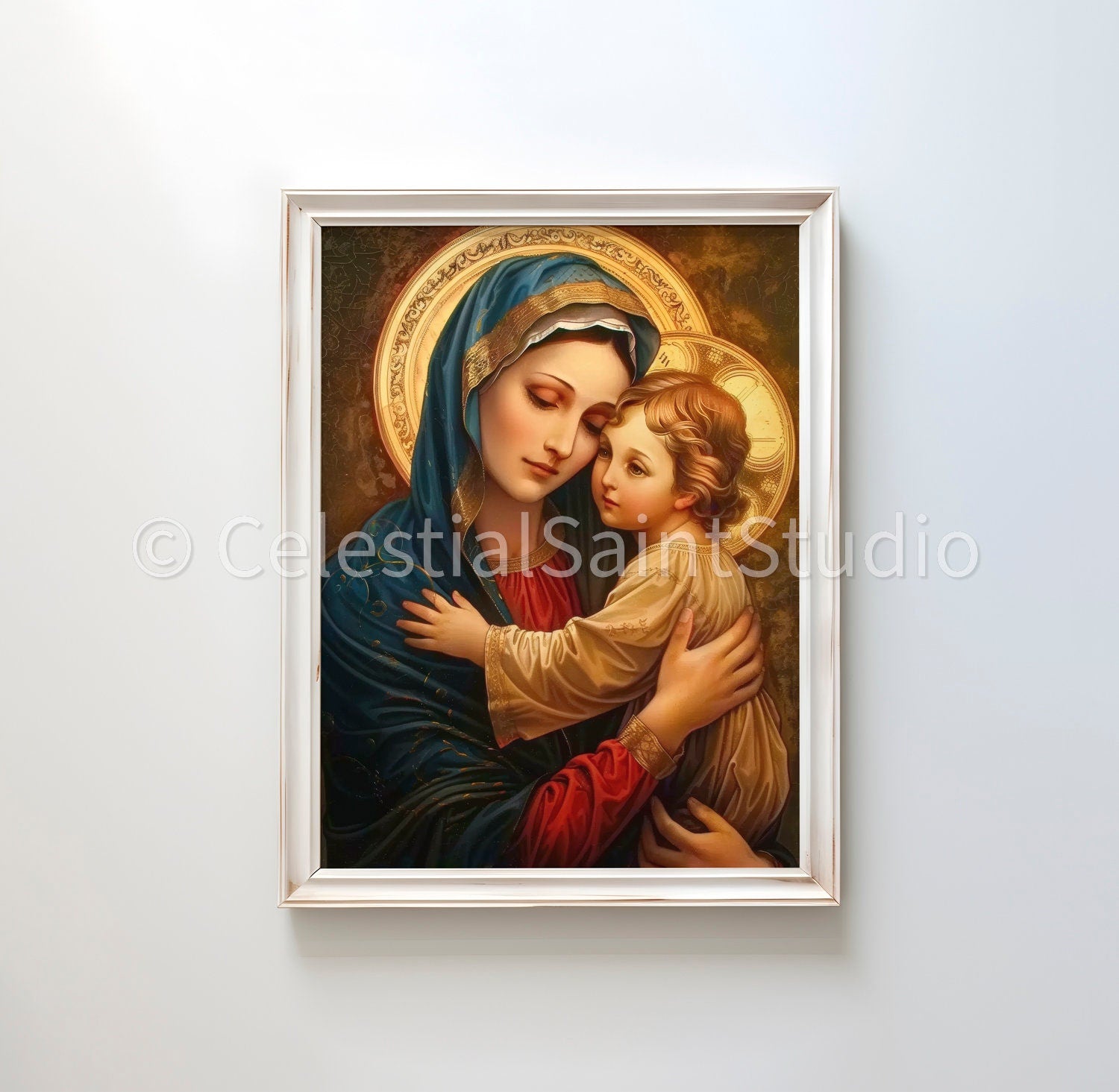 Mary in a blue robe with a golden halo, tenderly holding a young Jesus in a cream garment. They are portrayed with peaceful expressions against a textured, darkened gold background, emphasizing a moment of maternal care and intimacy