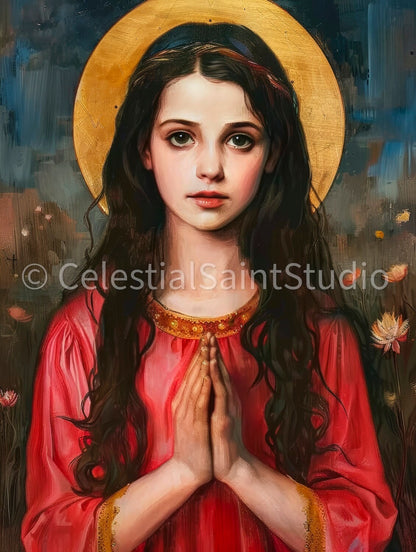 Saint Philomena depicted with clasped hands and a golden halo, in a red robe. Her expression is pure, reflecting deep piety and serenity