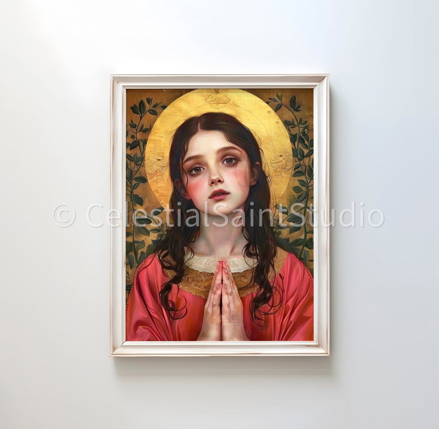 Saint Philomena depicted with clasped hands and a golden halo, in a red robe. Her expression is pure, reflecting deep piety and serenity