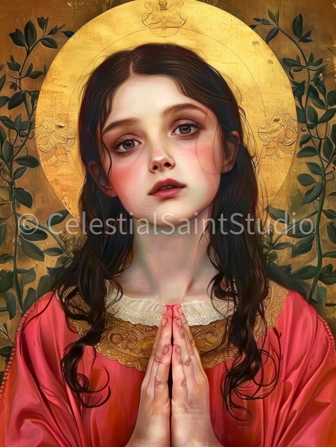 Saint Philomena depicted with clasped hands and a golden halo, in a red robe. Her expression is pure, reflecting deep piety and serenity