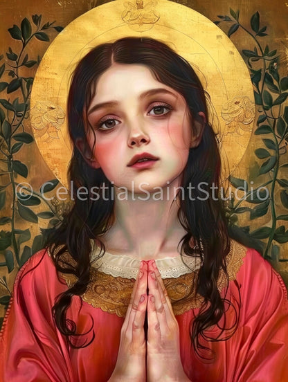 Saint Philomena depicted with clasped hands and a golden halo, in a red robe. Her expression is pure, reflecting deep piety and serenity