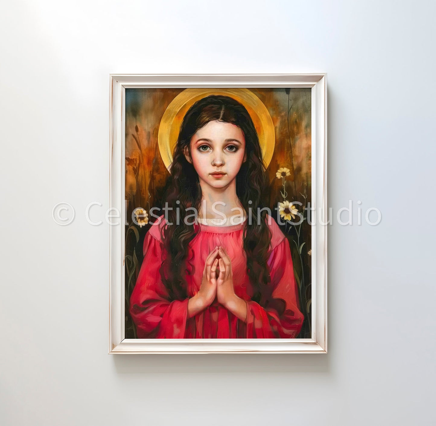 Saint Philomena depicted with clasped hands and a golden halo, in a red robe. Her expression is pure, reflecting deep piety and serenity