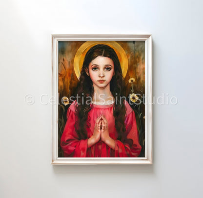 Saint Philomena depicted with clasped hands and a golden halo, in a red robe. Her expression is pure, reflecting deep piety and serenity