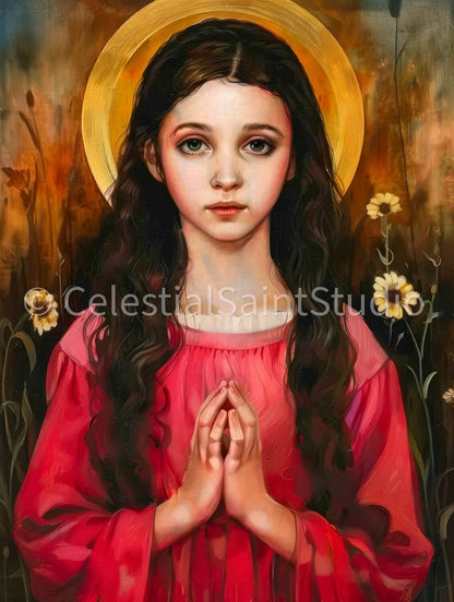 Saint Philomena depicted with clasped hands and a golden halo, in a red robe. Her expression is pure, reflecting deep piety and serenity