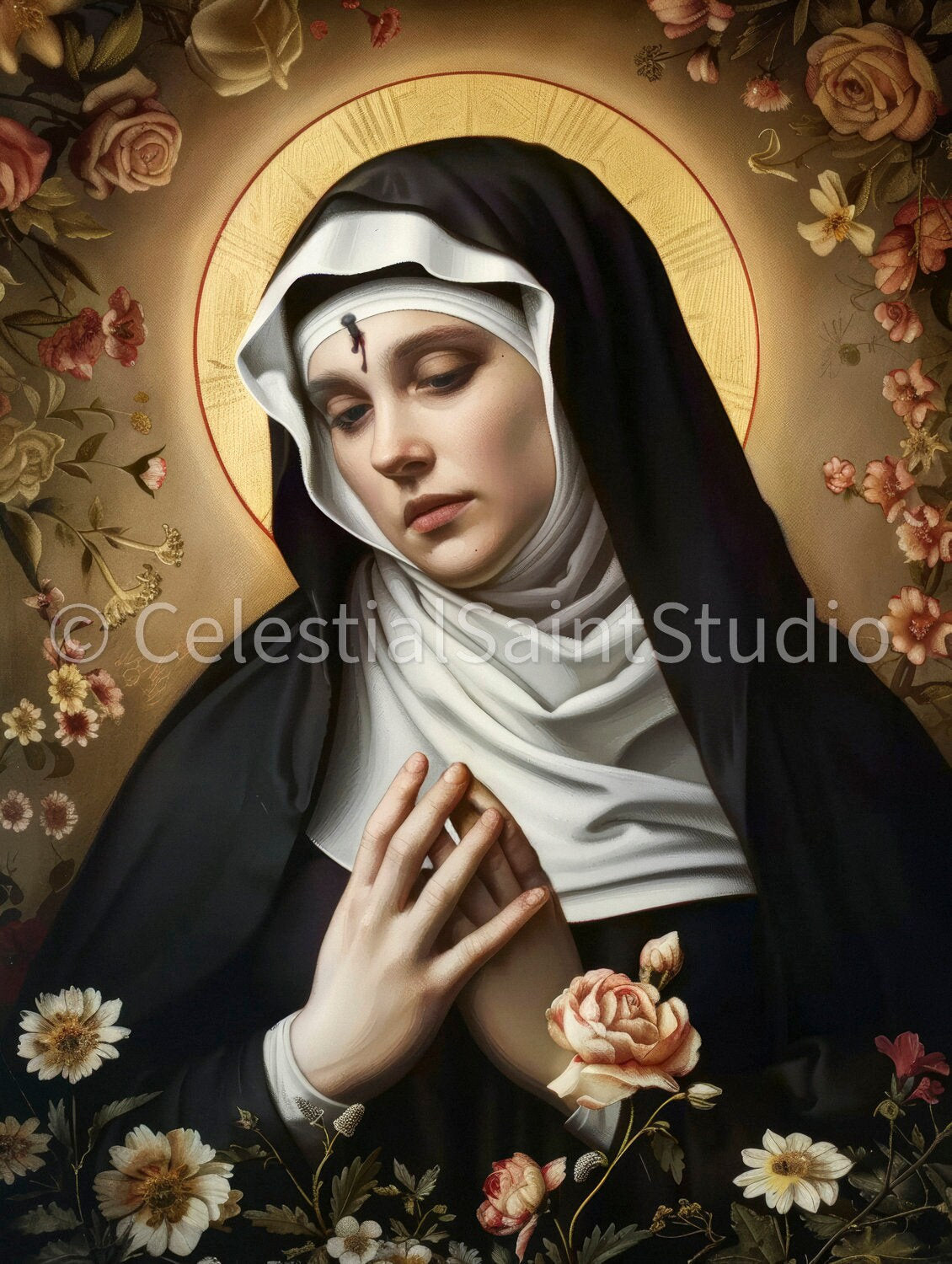 Artistic depiction of Saint Rita of Cascia with a visible mark on her forehead symbolizing her partial stigmata, conveying her deep union with the suffering of Christ. She is portrayed in a habit, reflecting her humble life and pious nature.