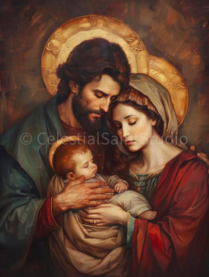 Oil painting of the Holy Family, central figures in Catholic iconography, depicting Saint Joseph with a caring gaze, the Virgin Mary looking down with a serene expression, and the Christ Child nestled in their embrace.