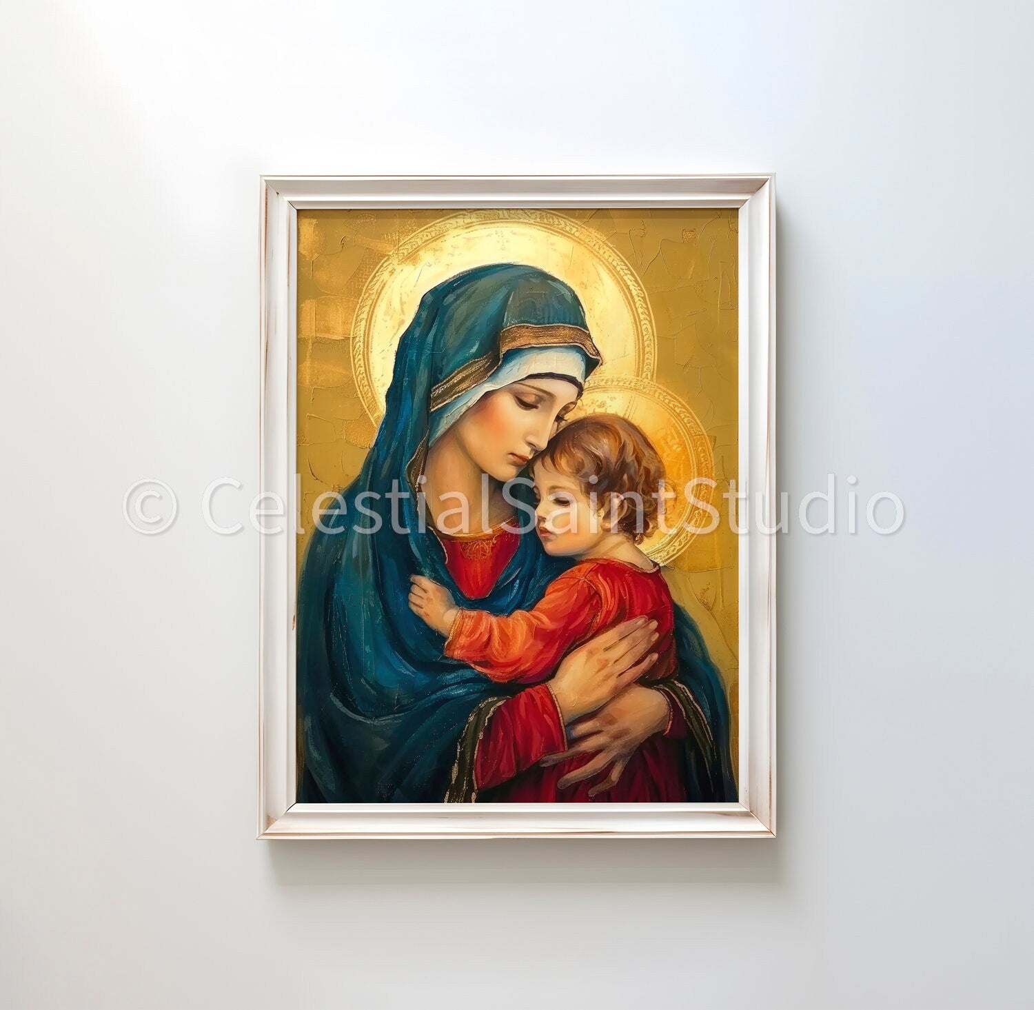 Virgin Mary in a blue veil embracing the child Jesus, who is wearing a red tunic. Both have golden halos, and the background features a gold-leaf texture, evoking a sense of sacredness and divine love