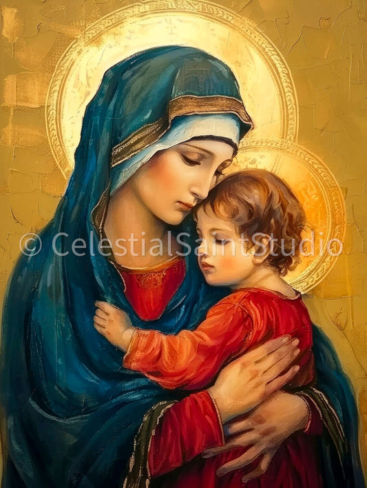 Virgin Mary in a blue veil embracing the child Jesus, who is wearing a red tunic. Both have golden halos, and the background features a gold-leaf texture, evoking a sense of sacredness and divine love