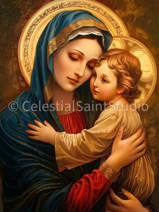 Mary in a blue robe with a golden halo, tenderly holding a young Jesus in a cream garment. They are portrayed with peaceful expressions against a textured, darkened gold background, emphasizing a moment of maternal care and intimacy