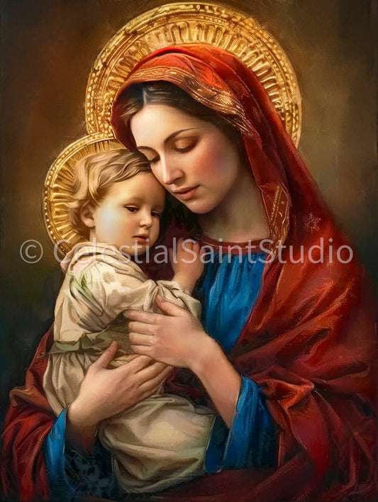 Mary in a red headscarf and blue dress, cradling the child Jesus wearing a beige tunic, both adorned with ornate golden halos. They are depicted with serene expressions in an intimate embrace, set against a soft, glowing background