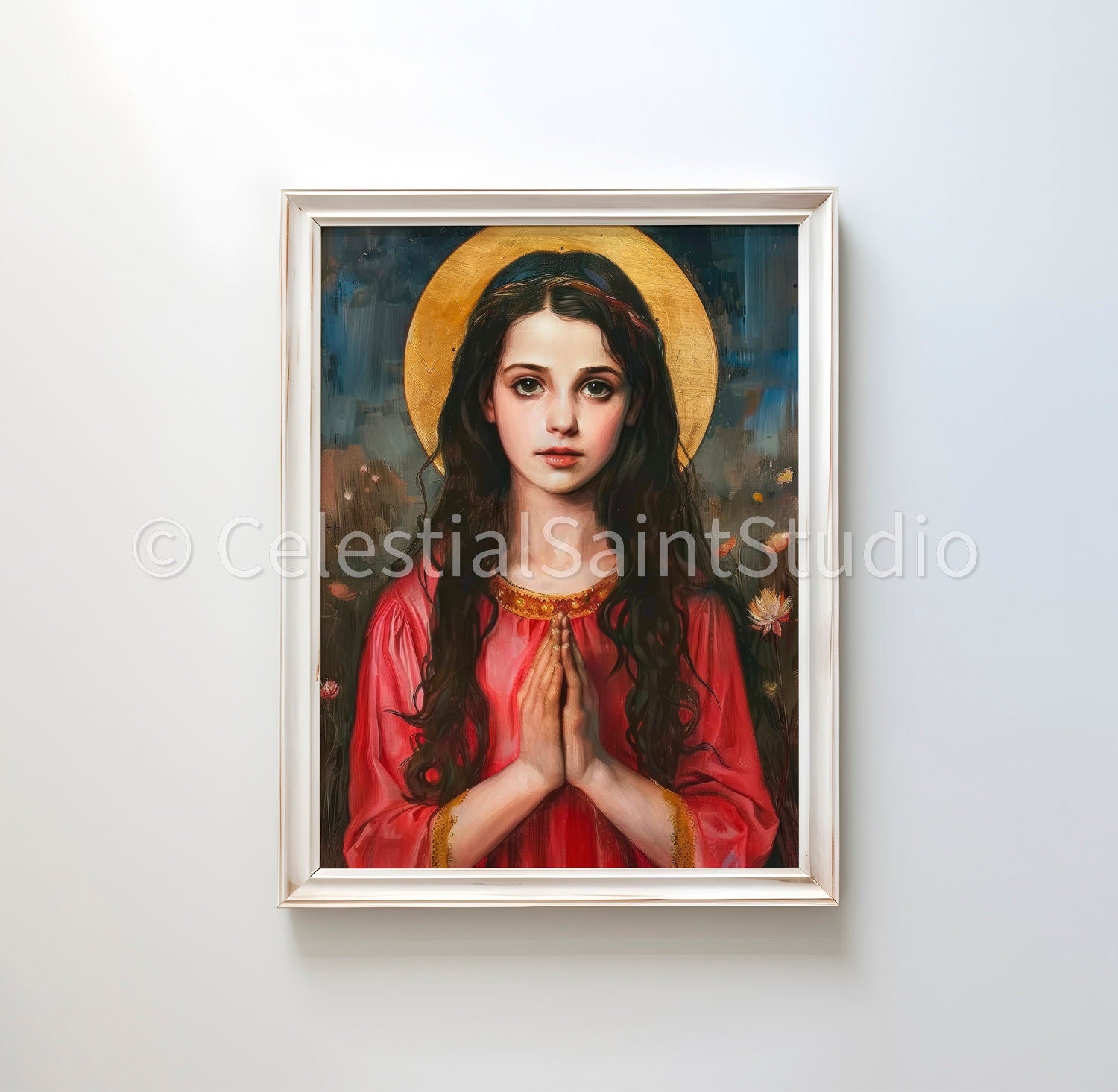 Saint Philomena depicted with clasped hands and a golden halo, in a red robe. Her expression is pure, reflecting deep piety and serenity