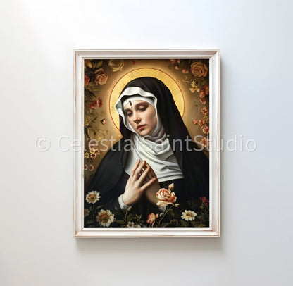 Artistic depiction of Saint Rita of Cascia with a visible mark on her forehead symbolizing her partial stigmata, conveying her deep union with the suffering of Christ. She is portrayed in a habit, reflecting her humble life and pious nature.