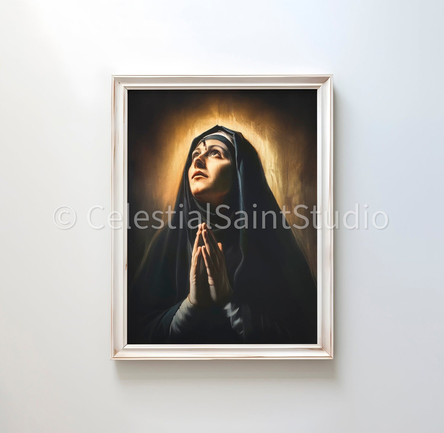 Artistic depiction of Saint Rita of Cascia with a visible mark on her forehead symbolizing her partial stigmata, conveying her deep union with the suffering of Christ. She is portrayed in a habit, reflecting her humble life and pious nature.