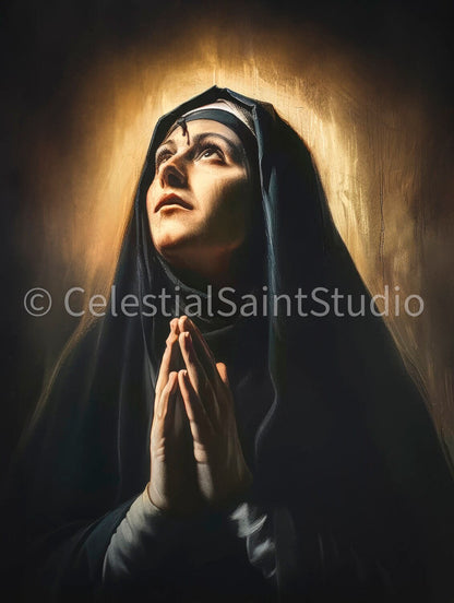 Artistic depiction of Saint Rita of Cascia with a visible mark on her forehead symbolizing her partial stigmata, conveying her deep union with the suffering of Christ. She is portrayed in a habit, reflecting her humble life and pious nature.