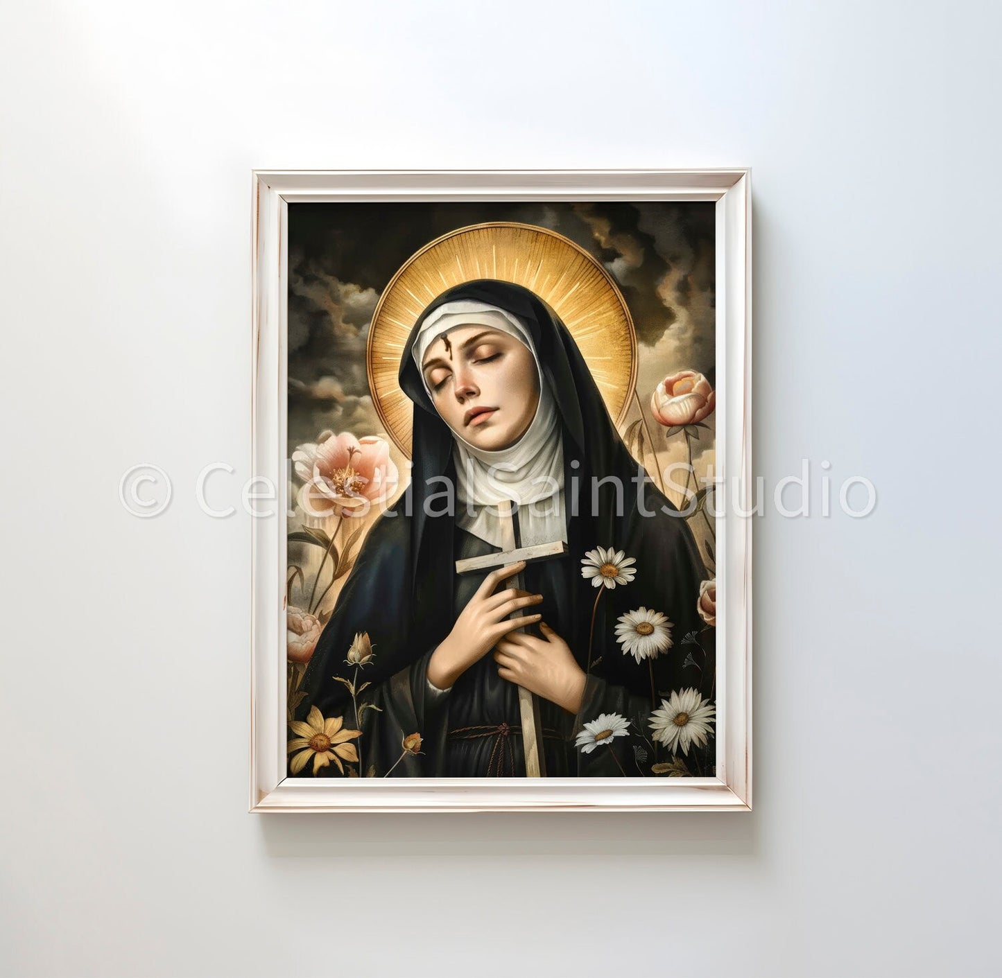 Artistic depiction of Saint Rita of Cascia with a visible mark on her forehead symbolizing her partial stigmata, conveying her deep union with the suffering of Christ. She is portrayed in a habit, reflecting her humble life and pious nature.