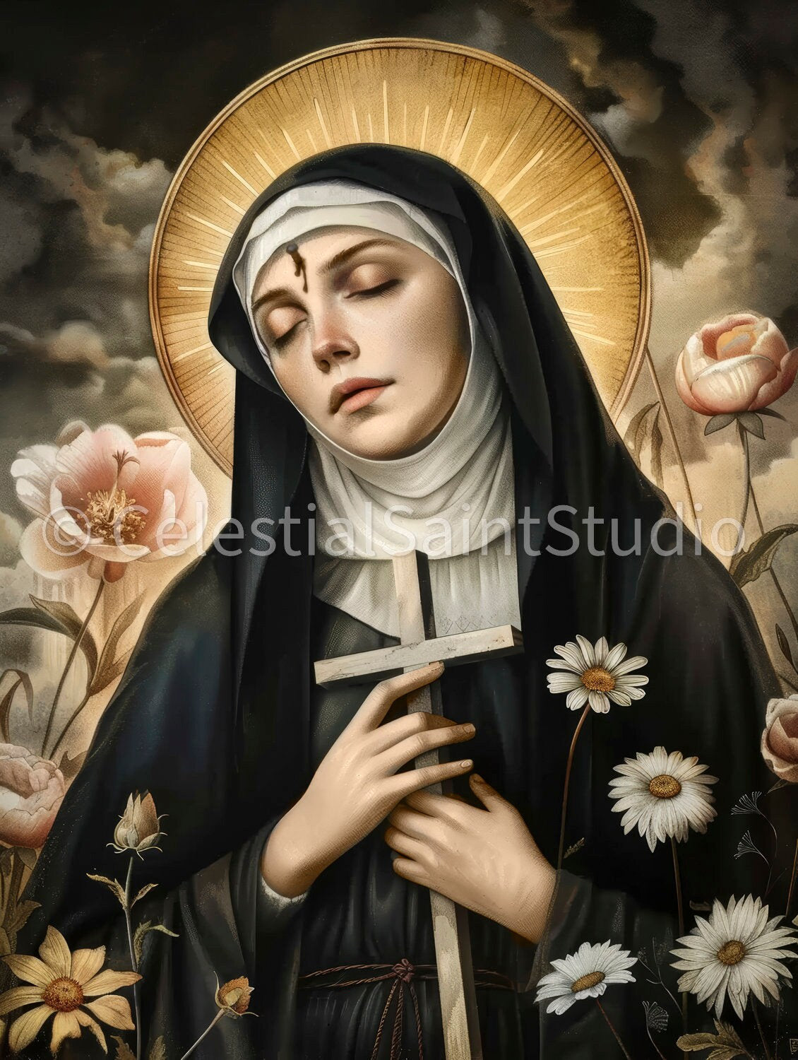 Artistic depiction of Saint Rita of Cascia with a visible mark on her forehead symbolizing her partial stigmata, conveying her deep union with the suffering of Christ. She is portrayed in a habit, reflecting her humble life and pious nature.