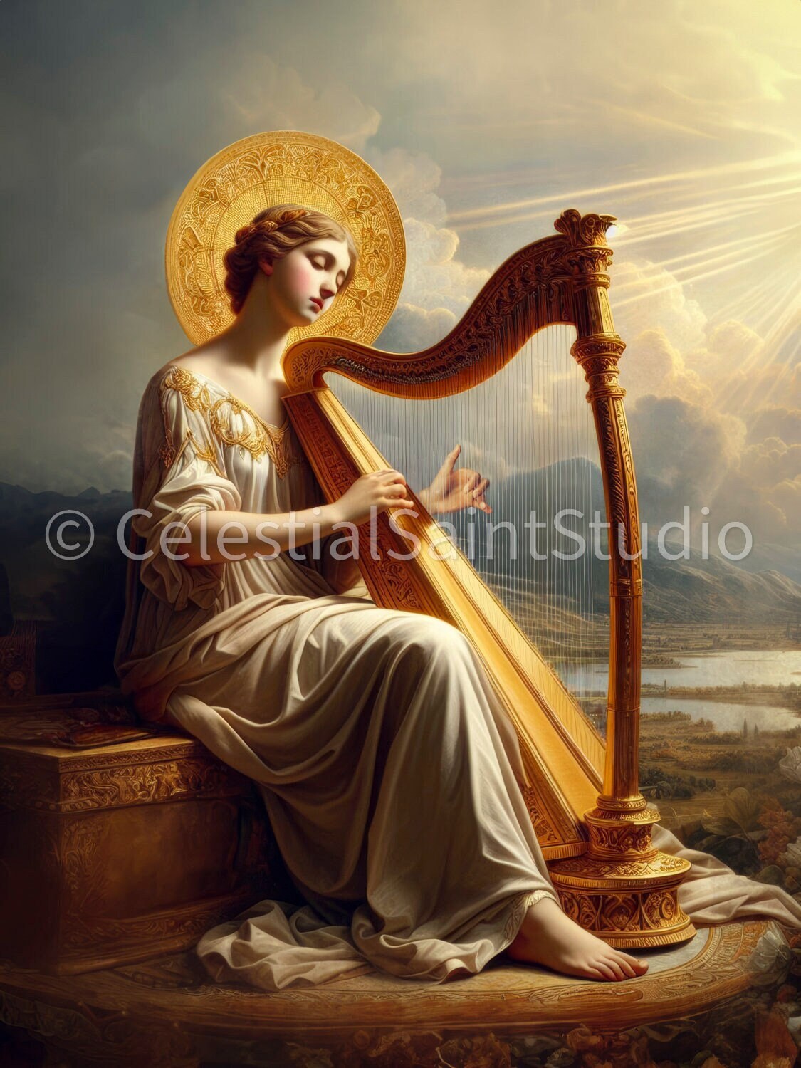 Elegant depiction of Saint Cecilia playing a harp, adorned with a golden halo and dressed in a flowing pink and green gown. The scene is bathed in divine light, highlighting her serene expression and intricate details of the harp.