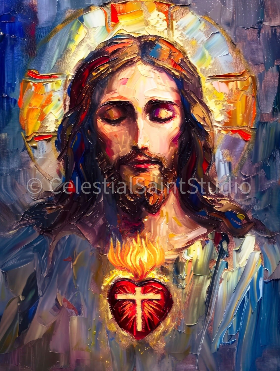 Sacred Heart of Jesus | Sagrado Corazon De Jesus | Digital Oil Paint | Catholic Printable | Digital Download