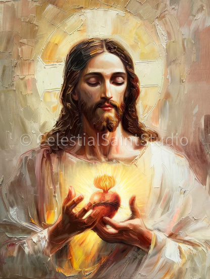 Sacred Heart of Jesus | Sagrado Corazon De Jesus | Digital Oil Paint | Catholic Printable | Digital Download