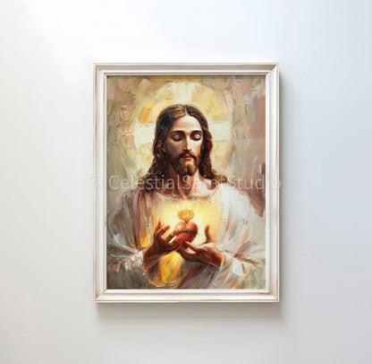 Sacred Heart of Jesus | Sagrado Corazon De Jesus | Digital Oil Paint | Catholic Printable | Digital Download