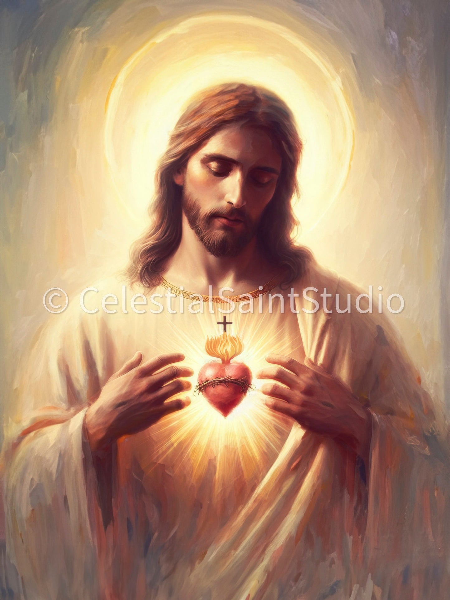 Sacred Heart of Jesus | Sagrado Corazon De Jesus | Digital Oil Paint | Catholic Printable | Digital Download