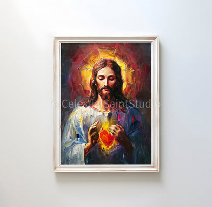 Sacred Heart of Jesus | Sagrado Corazon De Jesus | Digital Oil Paint | Catholic Printable | Digital Download