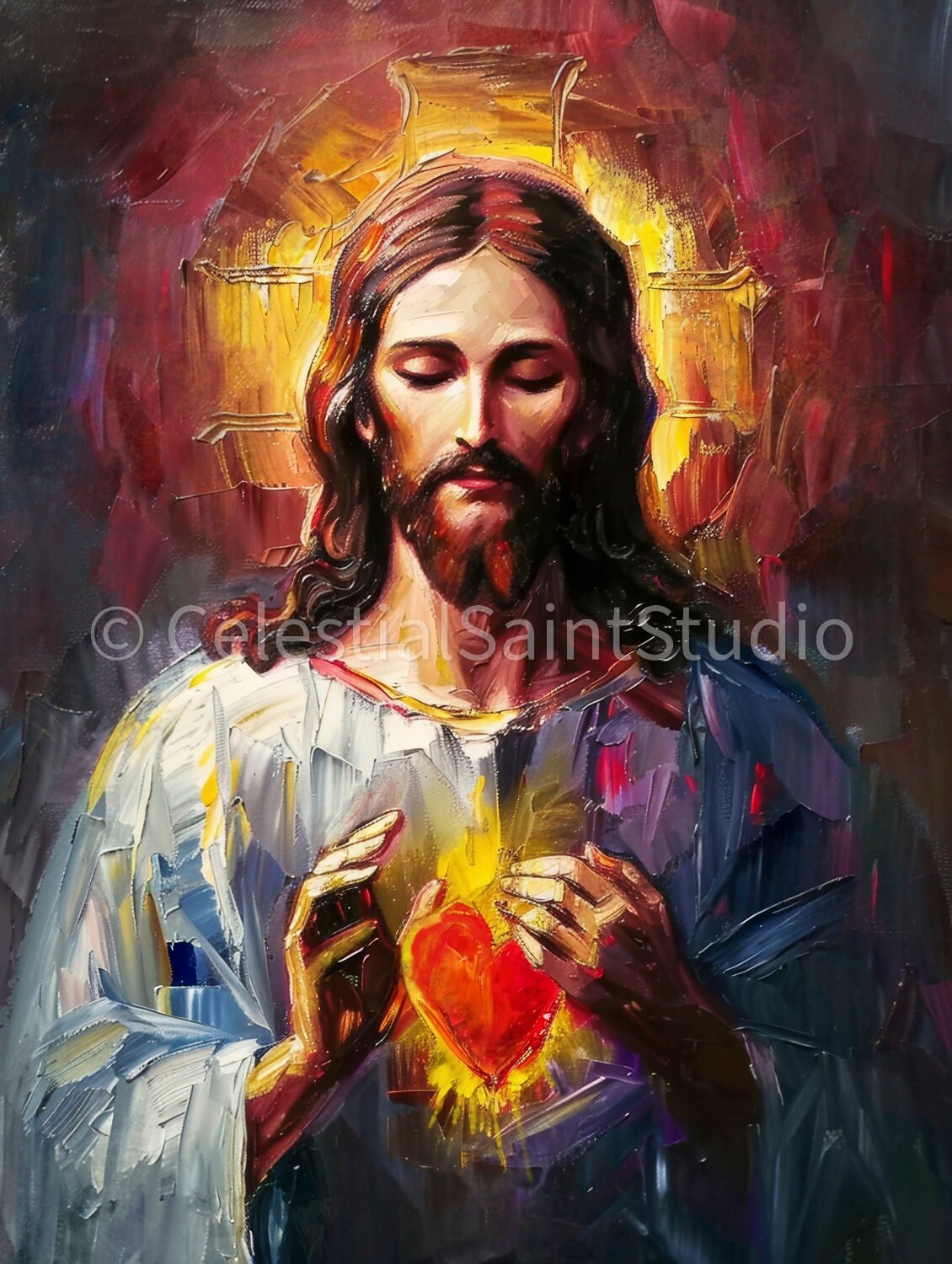 Sacred Heart of Jesus | Sagrado Corazon De Jesus | Digital Oil Paint | Catholic Printable | Digital Download