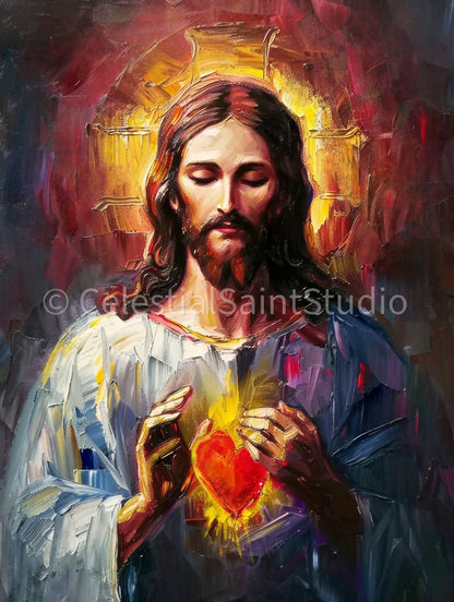 Sacred Heart of Jesus | Sagrado Corazon De Jesus | Digital Oil Paint | Catholic Printable | Digital Download