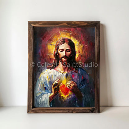 Sacred Heart of Jesus | Sagrado Corazon De Jesus | Digital Oil Paint | Catholic Printable | Digital Download