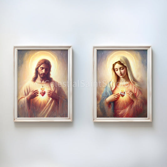 Sacred Hearts of Jesus and Mary | Sagrado Corazon De Jesus | Immaculate Heart of Mary | Digital Download | Catholic Art